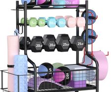 Dumbbell Rack Stand, Multifunctional Weight Rack for Dumbbells, Yoga Mat, Fascia Roller, Kettlebell and Yoga Block, Powder-Coated Steel Dumbbell Stand with Wheels and Hooks