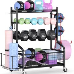 Dumbbell Rack Stand, Multifunctional Weight Rack for Dumbbells, Yoga Mat, Fascia Roller, Kettlebell and Yoga Block, Powder-Coated Steel Dumbbell Stand with Wheels and Hooks