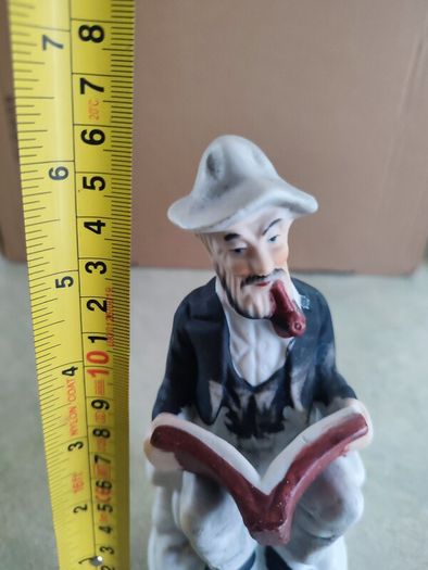 Figurine OF Old Man Sitting On Bench, Smoking His Pipe Reading Book Vintage