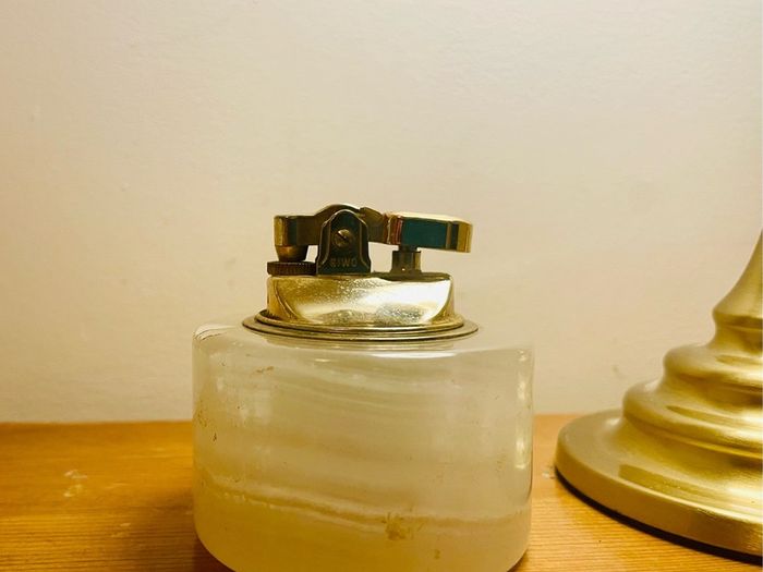 Vintage Azizoff of London Onyx Marble and Brass Table Lighter 60s or 70s