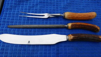 Vintage Newbridge Cutlery Co Horn Carving Set Shur Edge Knife Fork Steel Rochester