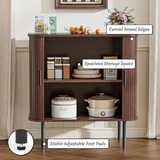 Sideboard, Buffet Storage Cabinet for Living Room, Kitchen Cupboard with Tambour Sliding Door, Storage Unit for Modern Home Dinning Room,Walnut