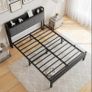 King Size Bed Frame with Storage Wooden Headboard,Heavy Duty Metal Upholstered Platform Bed Frame King Size,Mattress Base/Sturdy Steel Slat Support/Under-bed Storage/Noise Free/Black Image 6