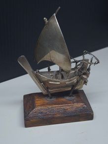 Vintage Silver Miniature Boat Model on Wooden Base