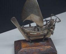 Vintage Silver Miniature Boat Model on Wooden Base