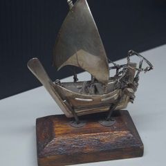 Vintage Silver Miniature Boat Model on Wooden Base
