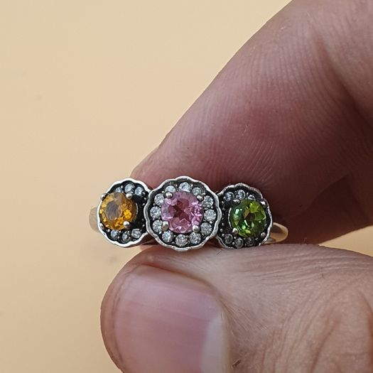 Vintage 925 Sterling Silver Multi-Stone Tourmaline Adjustable Ring