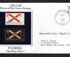 1988 USA Florida "Sunshine State" 22kt Gold Replica of the 1976 United States Flag Stamps showing 25c US flag definitive tied Dover,  Tallahassee (state capital) illustrated cover
