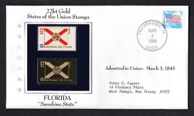 1988 USA Florida "Sunshine State" 22kt Gold Replica of the 1976 United States Flag Stamps showing 25c US flag definitive tied Dover,  Tallahassee (state capital) illustrated cover