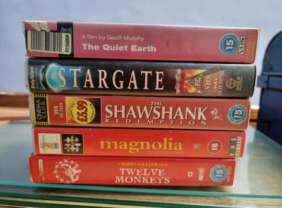 5 x VHS tapes (The Quiet Earth, Stargate, The Shawshank Redemption, Magnolia, Twelve Monkeys)