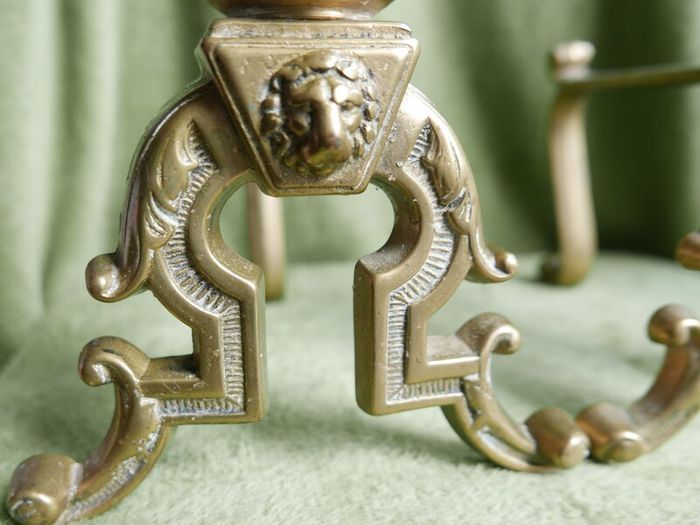 Antique Victorian Brass Fire Side Dogs - Lion Head Brass Fire Dogs