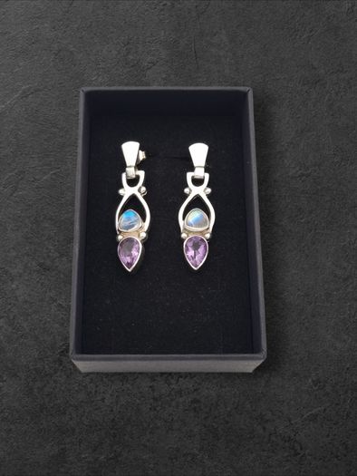 Vintage 925 Sterling Silver Moonstone Amethyst Earrings