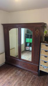 Edwardian Inlaid Mahogany Double Wardrobe - Mirrored Doors, Satinwood Inlay, Drawers - Circa 1900