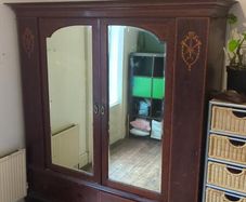 Edwardian Inlaid Mahogany Double Wardrobe - Mirrored Doors, Satinwood Inlay, Drawers - Circa 1900