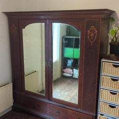 Edwardian Inlaid Mahogany Double Wardrobe - Mirrored Doors, Satinwood Inlay, Drawers - Circa 1900