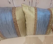 Luxury Decorative Cushions x2 in Blue and Chartreuse Crinkled Shot Silk Finish