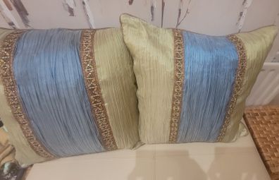 Luxury Decorative Cushions x2 in Blue and Chartreuse Crinkled Shot Silk Finish
