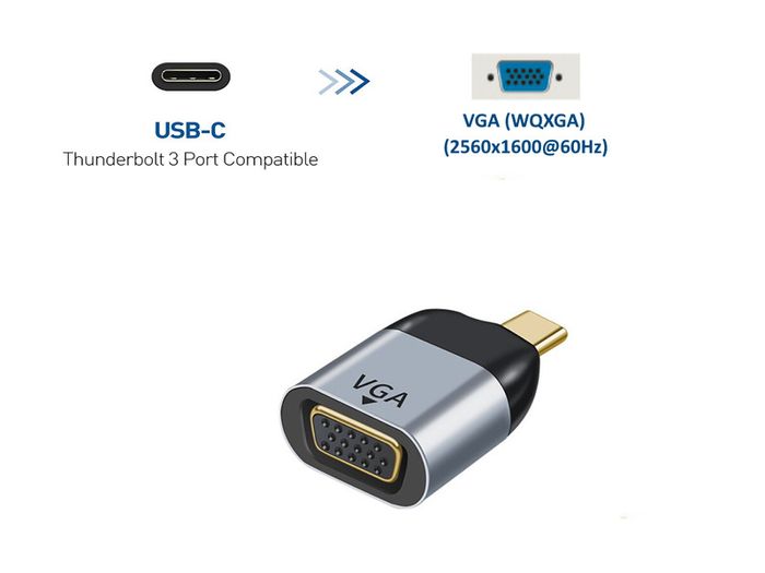USB-C Thunderbolt 3 (Male) to VGA/WQXGA (Female) (2K/QHD/Full HD) [2560x1440@60Hz] Gold-Plated/Aluminum-Alloy Adapter (Brand New/Warranty)