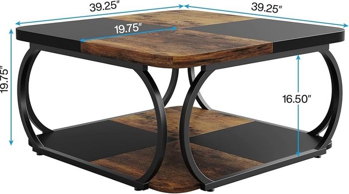 Square Coffee Table with 2 Tiers, 39 Inch Low Farmhouse Coffee Table with Wood Storage Shelf Heavy Duty Metal Curved Frame for Modern Living Room, Black Rustic Brown