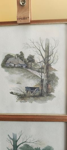 BY, F. Massa, Set Of 3 Vintage Framed watercoulored Drawings Prints Countryside
