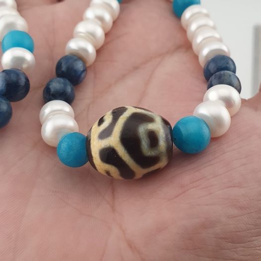 Authentic Fresh Water Pearls & Gemstone Beads With Himalayan Tibetan Dzi Pendant Necklace