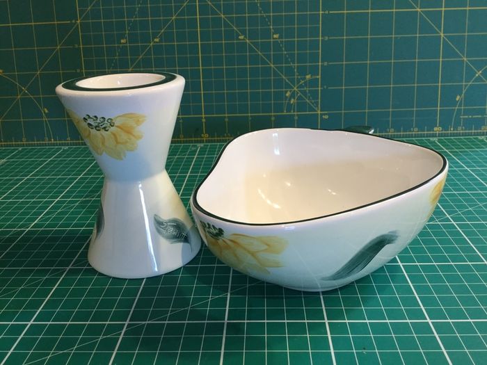 Avoca Blue Sunflowers Hand Painted Signed Candle Holder & Trinkets Bowl