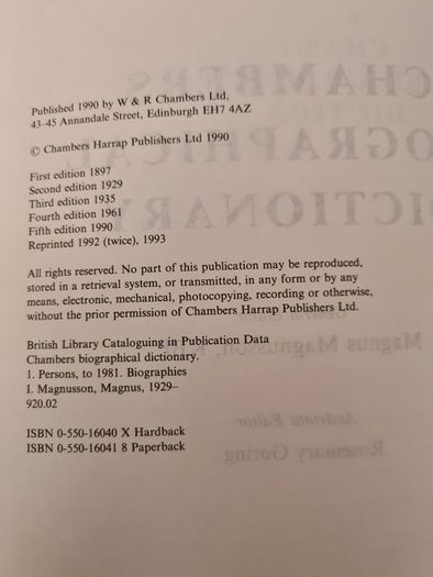 Chambers Biographical Dictionary Edited By Magnus Magnusson. 1604 Pages. Hardback With Dustjacket. In Very Good Condition.