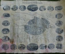 Antique DUBLIN. Map of Dublin & Suburbs with 22 vignettes of Dublin landmarks. Published by Edward Heffernan, 1st June, 1868, 12 Charleville Road, Rathmines. 28" x 22,5". Linen backed. Frayed at edges