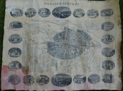 Antique DUBLIN. Map of Dublin & Suburbs with 22 vignettes of Dublin landmarks. Published by Edward Heffernan, 1st June, 1868, 12 Charleville Road, Rathmines. 28" x 22,5". Linen backed. Frayed at edges