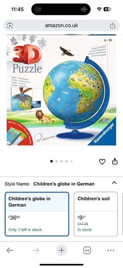 3D puzzle children globe  26.7cm height 180 numbered puzzle