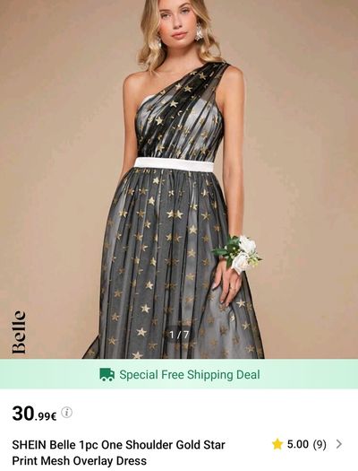 Midi dress one shoulder gold with stars print mesh overlay