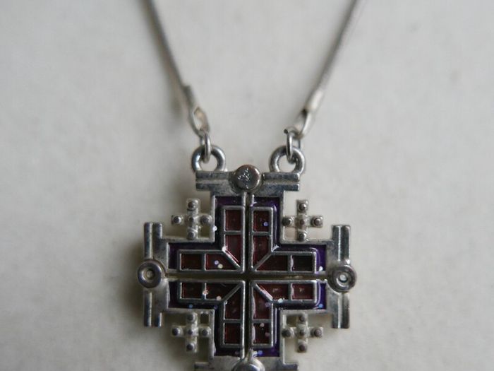 Vintage Silver 925 Jerusalem Cross Necklace Open Pendant Sterling Plated Holy Chain