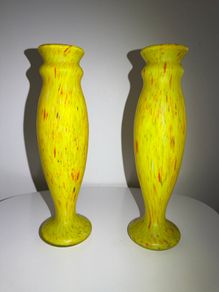 Pair of French Art Deco Mottled Glass Vases - Legras Style, 32.5cm
