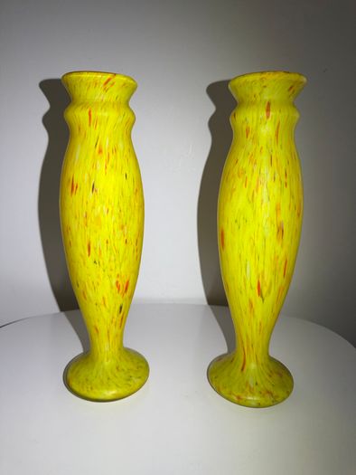 Pair of French Art Deco Mottled Glass Vases - Legras Style, 32.5cm