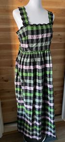 Midi Dress Oliver Bonas Black & Green Checked Scalloped Strappy Maxi dress size 12 brand new