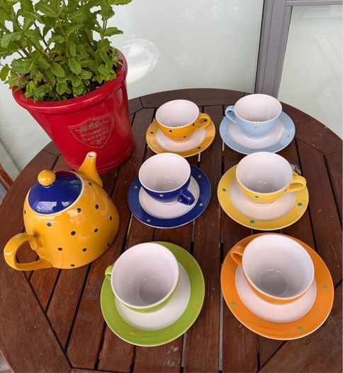 Vintage Mini Polka Dot Tea Set, Yellow, Green, Blue, Orange, Tea Cups, Saucers