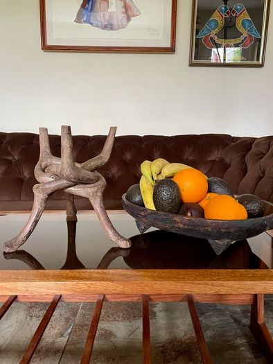 Unique Vintage Wooden African Tribal Art Decor Hand made bowl on Tripod folding Stand