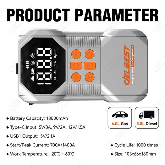 Car Jump Starter with Air Compressor Smart Intelligent Starters Peak Current 1400A