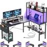 L Shaped Gaming Desk with Power Outlets & LED Lights, Small L- Shaped Computer Corner Desk with Monitor Stand & Storage Shelf, Gaming Table with Storage Bag, Black Image 6