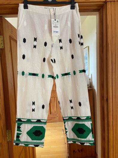 REDUCED Fab Zara Insta Famous Bloggers White Linen Blend Embroidered Trousers Size Large UK 12 New with Tags