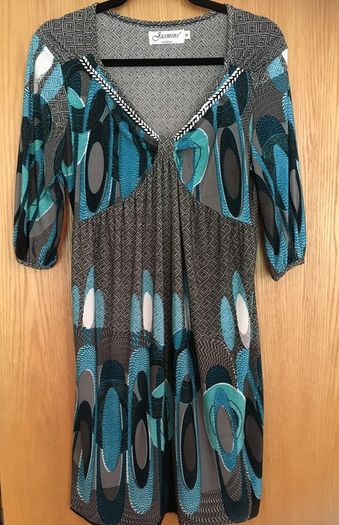 JASMINE LONDON Retro Print Dress   Teal Empire Style Top