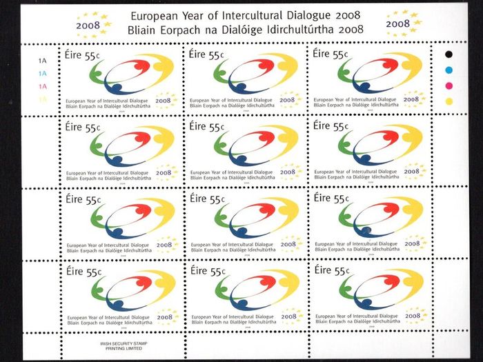 2008 Ireland European Year of Intercultural Dialogue Stamp Sheetlet Plate 1A1A1A1A Mint Never Hinged (MNH)