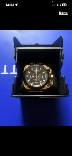 Diesel Watch Original box Brand new An oversized case, multi-layered black chronograph dial, and thick multi-link bracelet make the gold-tone Diesel BAMF watch a force  Case
