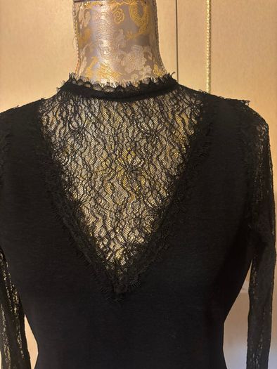 Mint Velvet - Black V Neck Top with Black Lace Sleeves and Neckline Size Medium