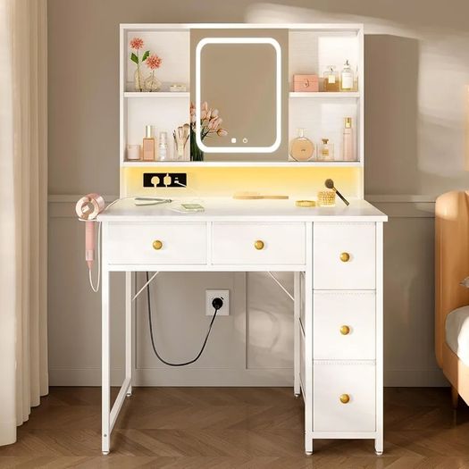 Dressing Table with Adjustable LED Mirror & Built-in USB Power Outlets & RGB Light Strip, Vanity Desk with 5 Fabric Drawers & 3-Layer Shelves, White Makeup Desk 90/40/139cm