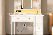 Dressing Table with Adjustable LED Mirror &amp; Built-in USB Power Outlets &amp; RGB Light Strip, Vanity Desk with 5 Fabric Drawers &amp; 3-Layer Shelves, White Makeup Desk 90/40/139cm