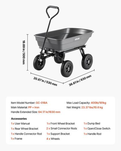 Garden Dump Cart 181kg - No-Flat Wheels