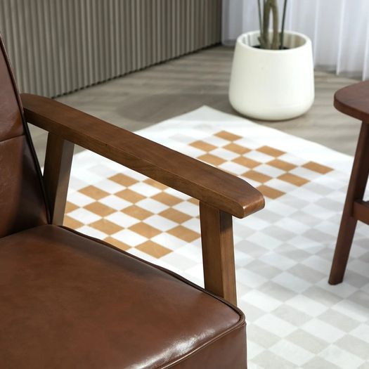 Living Room Armchair, Bedroom Armchair in Synthetic Leather, Button-Tufted Back, Solid Wood Legs, 64x66x80cm, Brown