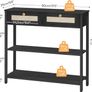 Rattan-Like Black Console Table, 3-Tier Hallway Table with 2 Flip-Down Drawers and Storage Shelves, 80 cm, Open and Hidden Storage Space, Woven Decoration, Black Image 5