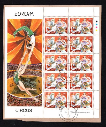 2002 Ireland Europa Circus (41c Clown & 44c Lady on Horse) Sheetlet Fine Used with Dublin CDS cancel of 14th May 2002 (Frist day of issued) on envelope extract.